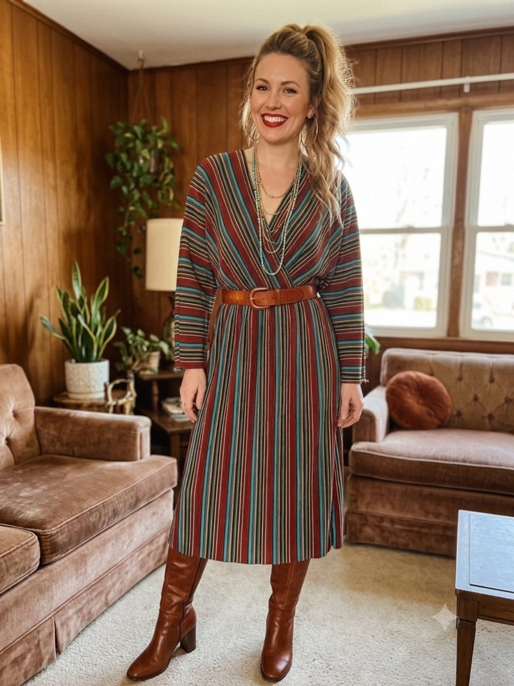 Pull&Bear Pleated Plisse Striped Wrap Midi Dress Rust Teal S